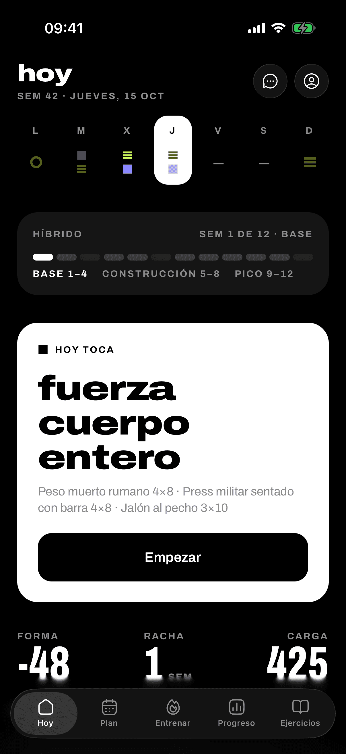 Pantalla Hoy de Spark con la semana y la sesión del día