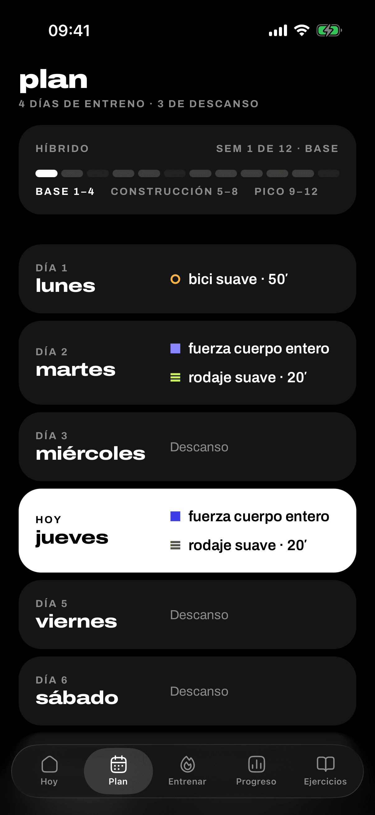 Plan semanal de Spark con fuerza, carrera y bici